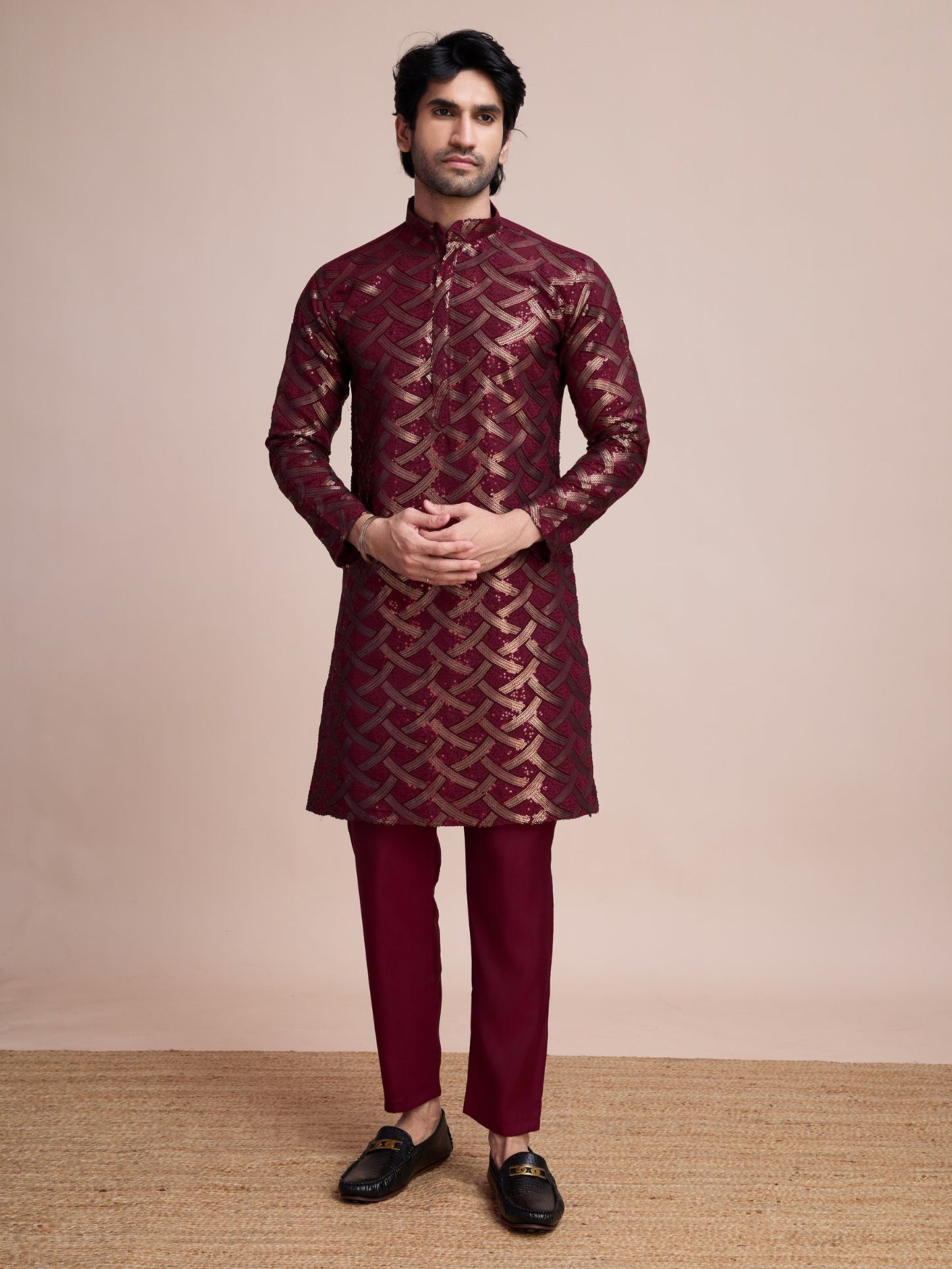 maroon sequins man kurta pajama