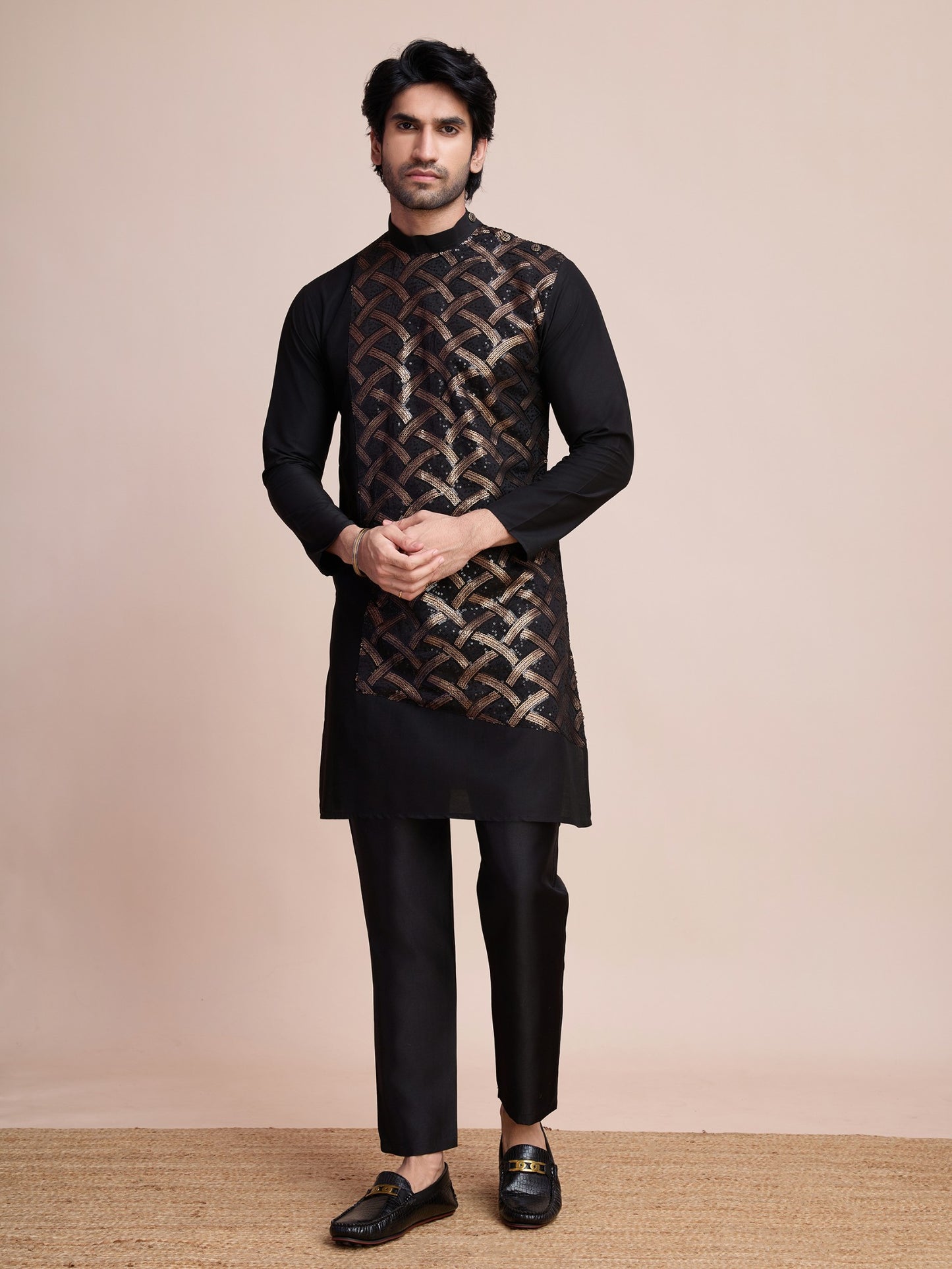 Black color silk readymade kurta for men's