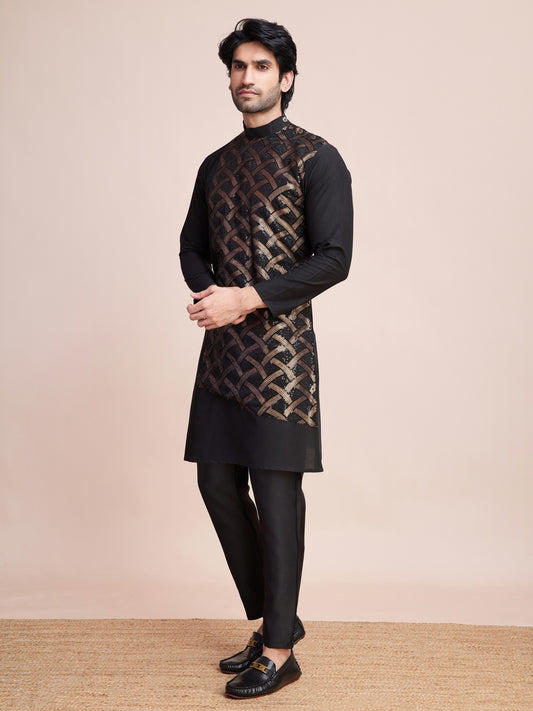 Precious Black Color Silk Sequins Work Men's Kurta For Wedding