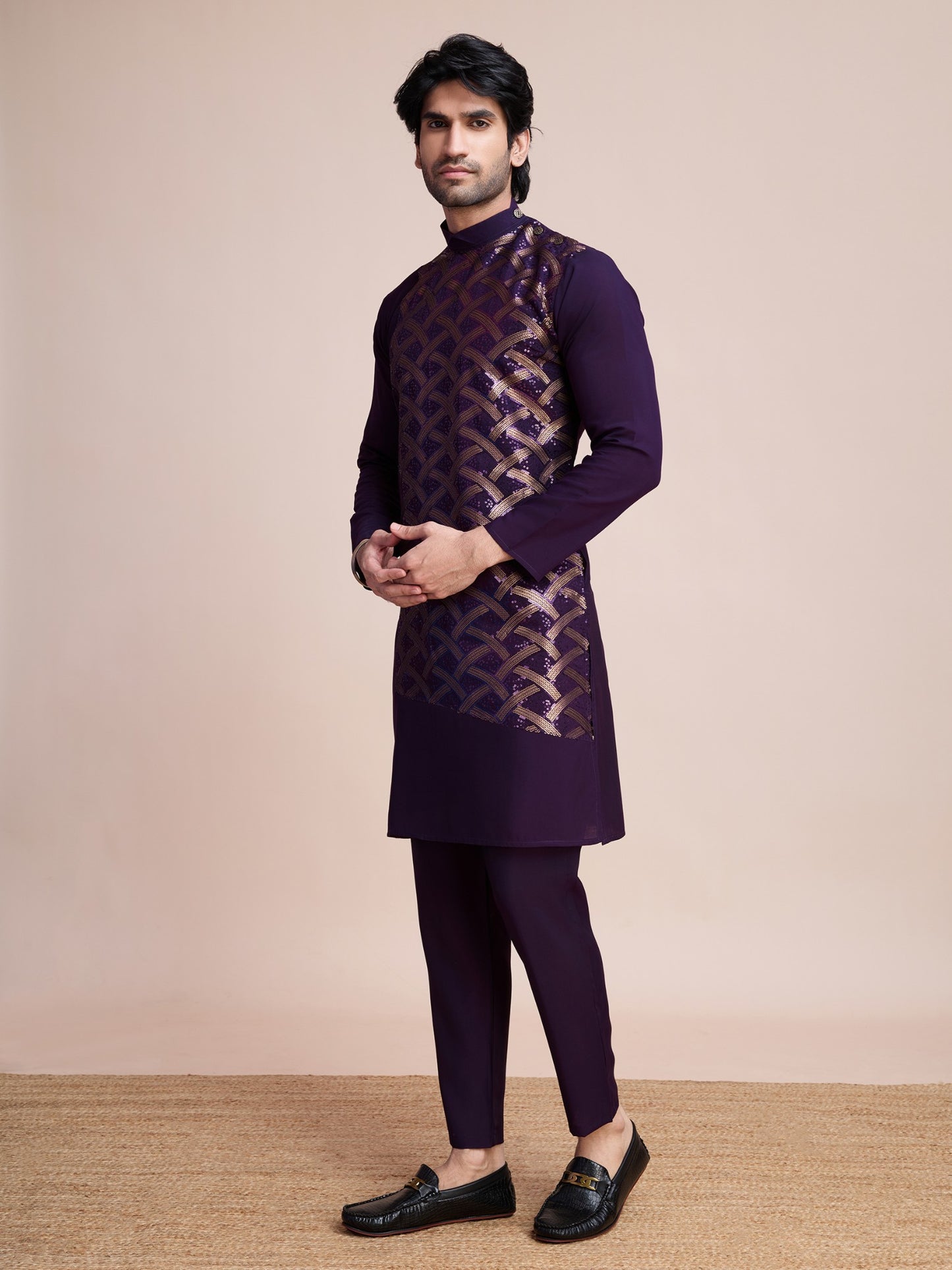 Purple color silk sequins work men's kurta images