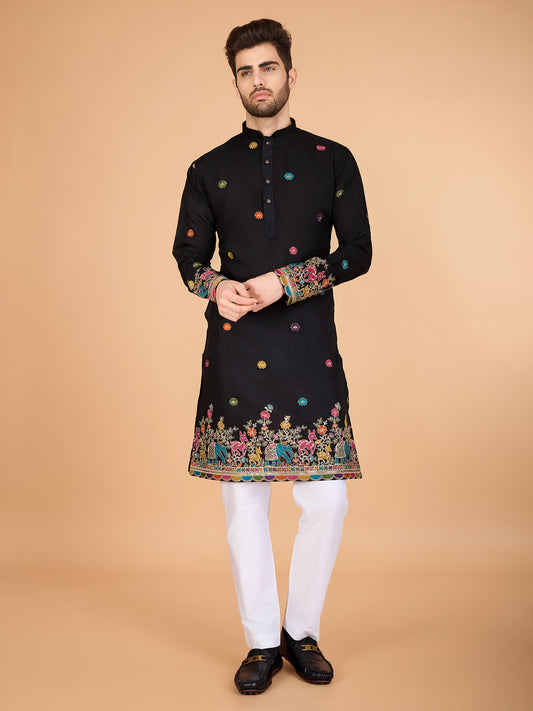Black color viscose silk men's kurta online