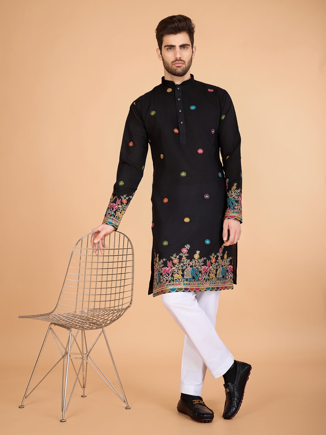Black color viscose silk men's kurta online shopping