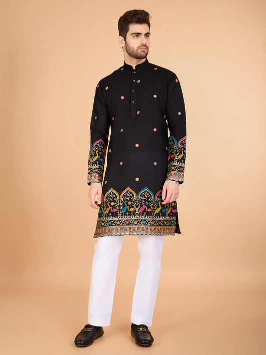 Black color viscose silk mens kurta online shopping