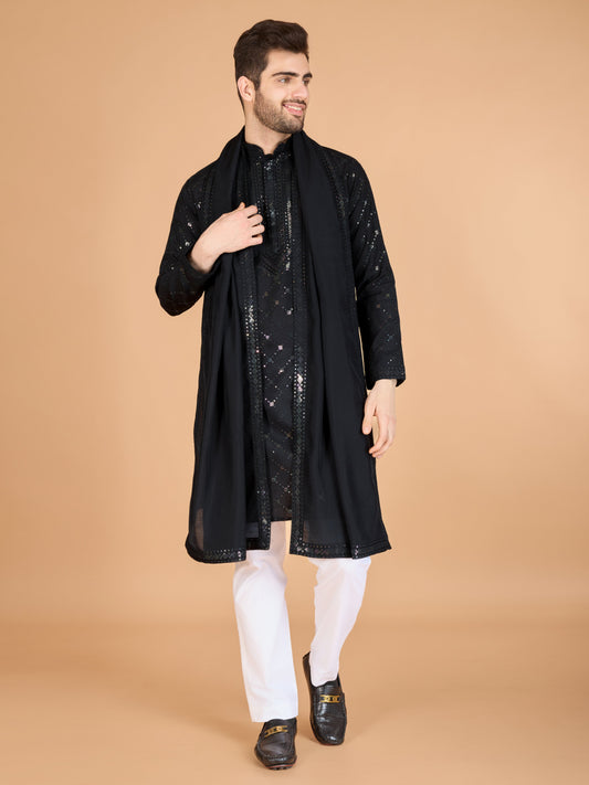 Black color viscose silk men's kurta with dupatta online
