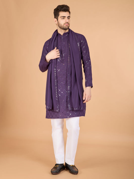 Purple color viscose silk men's kurta with dupatta online