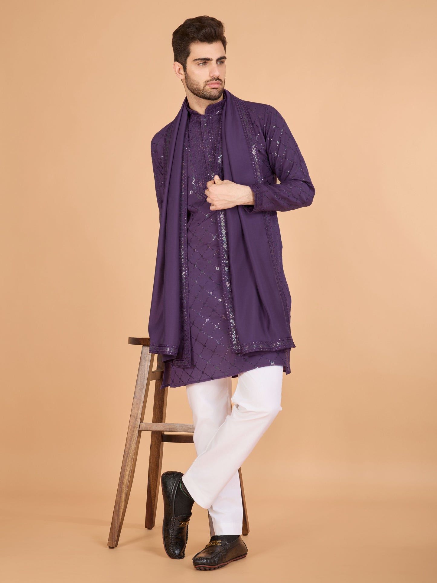 Purple color viscose silk men's kurta with dupatta online shopping