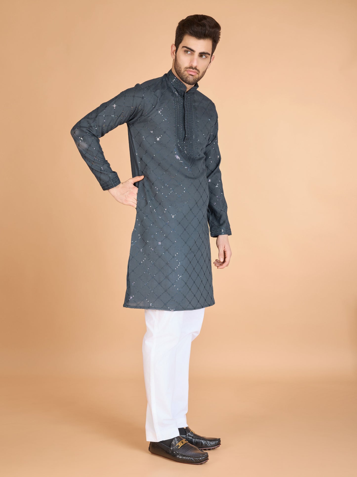 Grey color viscose silk men's kurta with dupatta online