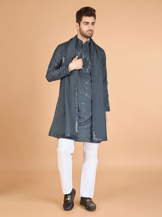 Grey color viscose silk men's kurta with dupatta set