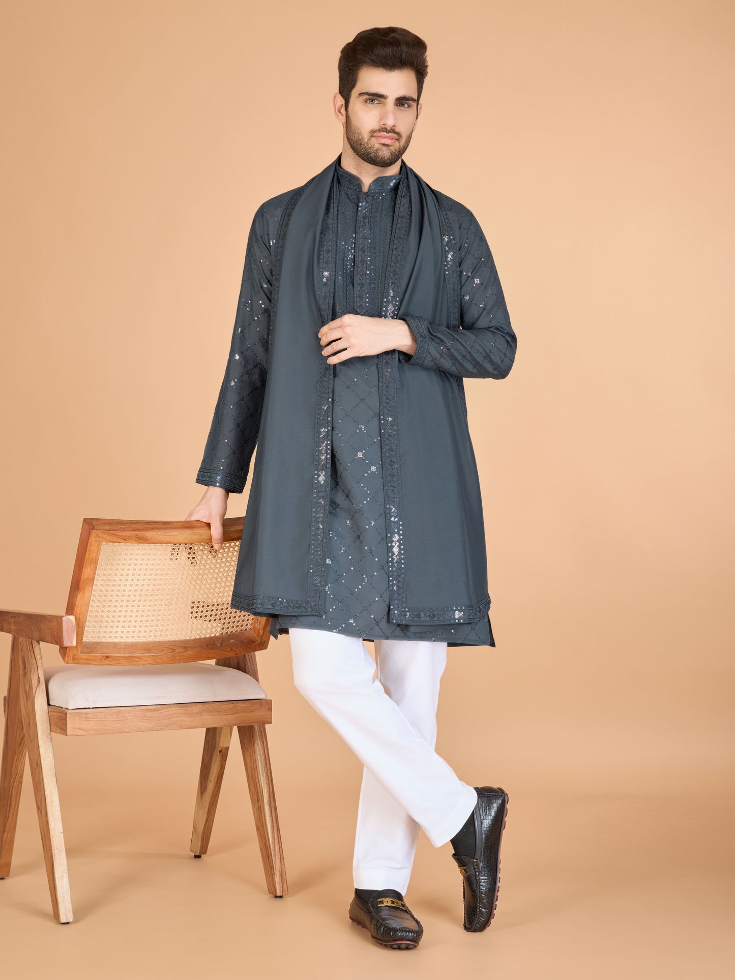 Grey color viscose silk men's kurta with dupatta price
