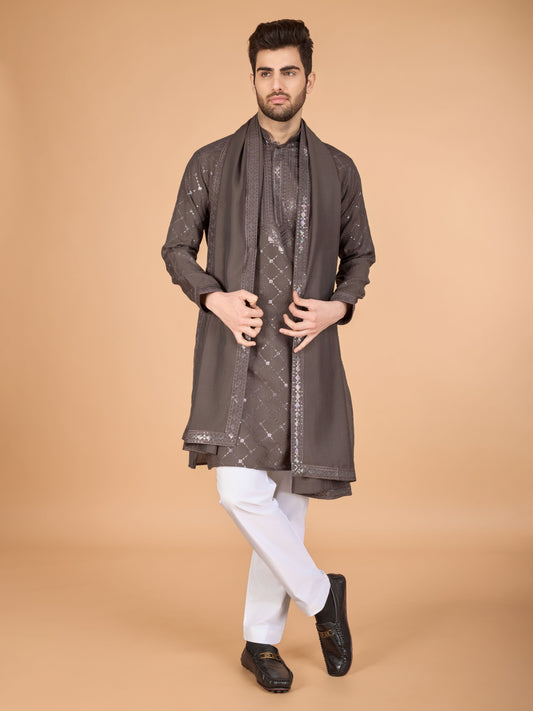 Brown color viscose silk men's kurta for wedding