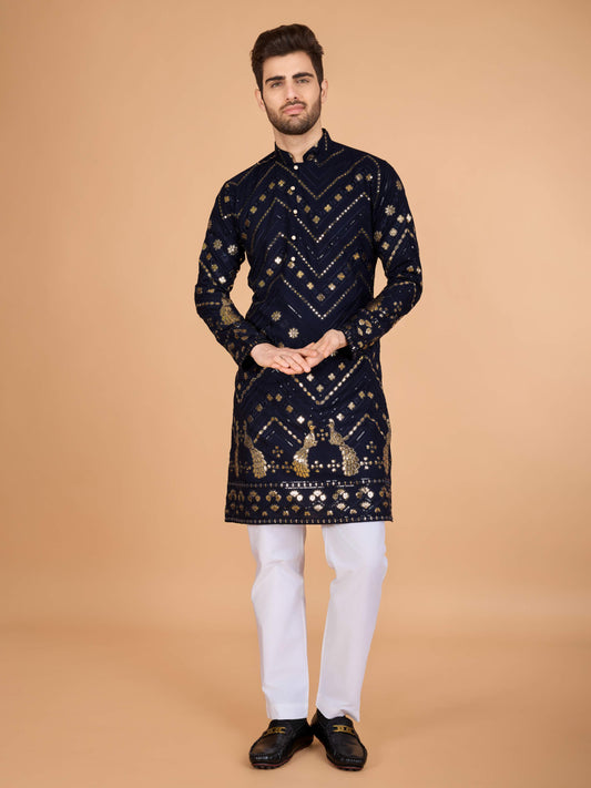 Navy blue color vscose rayon mens kurta for wedding