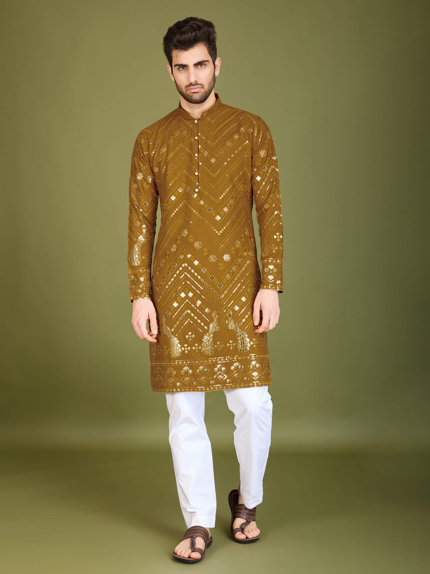 Mustard color viscose rayon kurta for mens