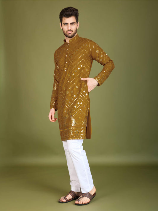 Mustard color viscose rayon mens kurta for wedding