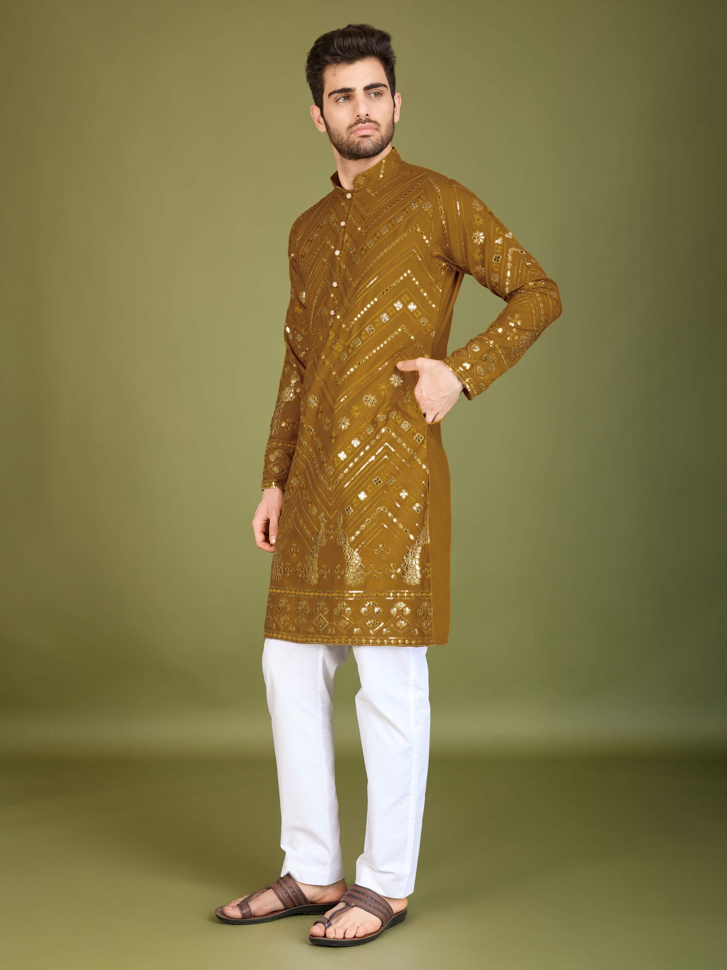 Mustard color viscose rayon mens kurta for party