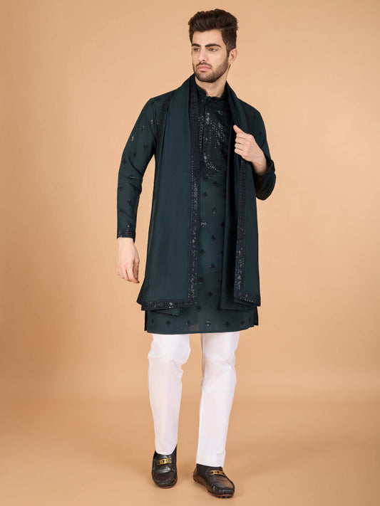 Green color viscose silk men's kurta online shopping