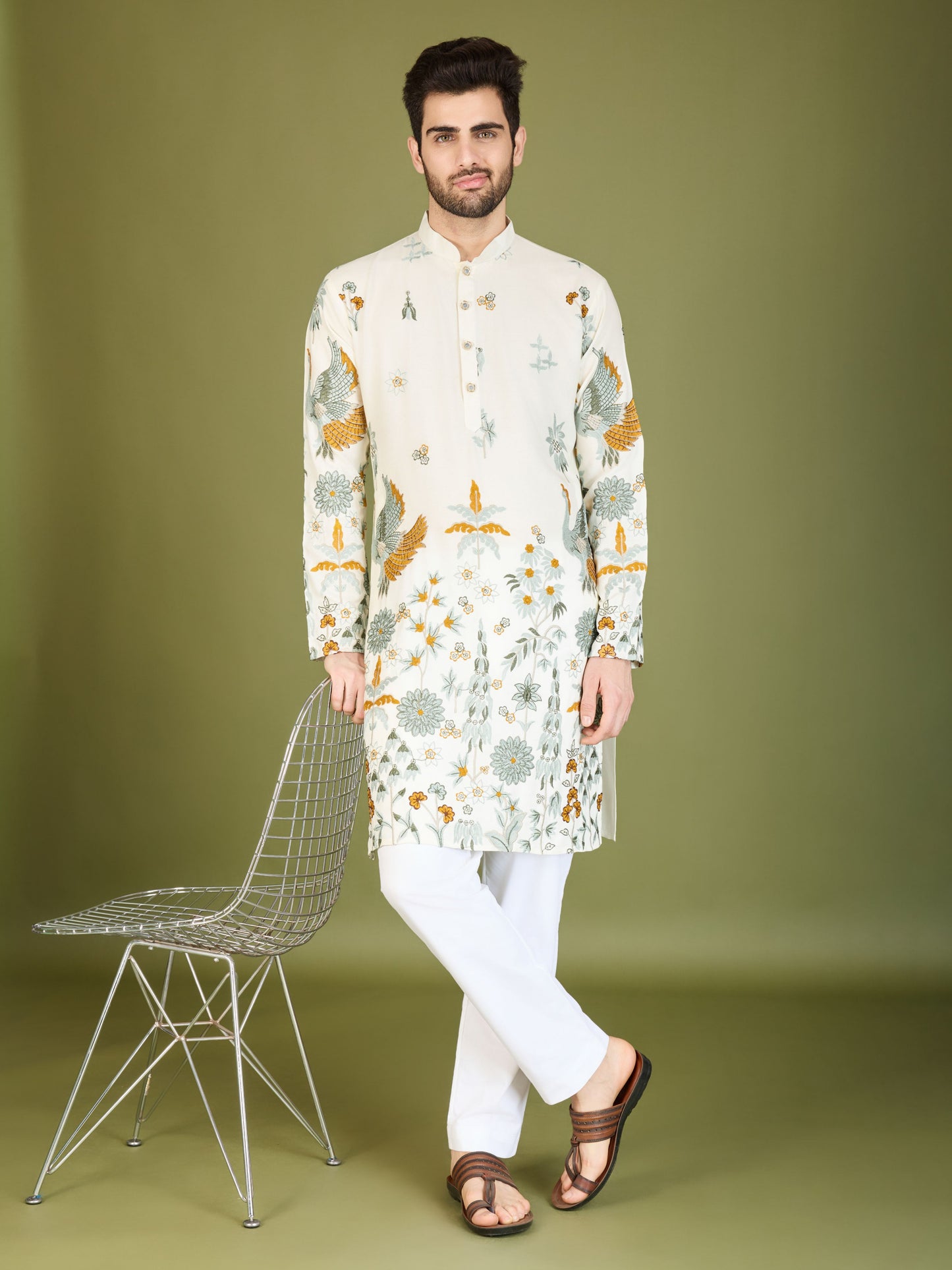 White color viscose rayon kurta for wedding