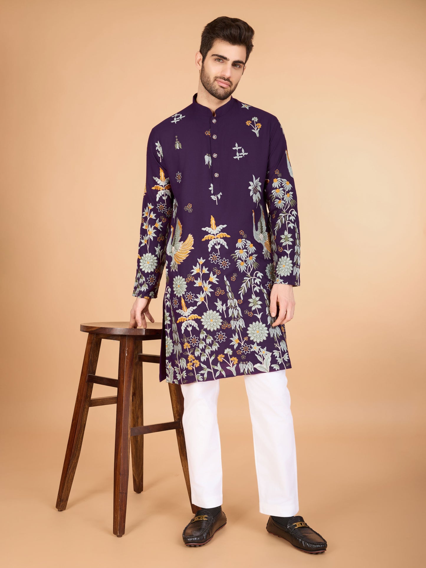 Purple color viscose rayon men's kurta design look