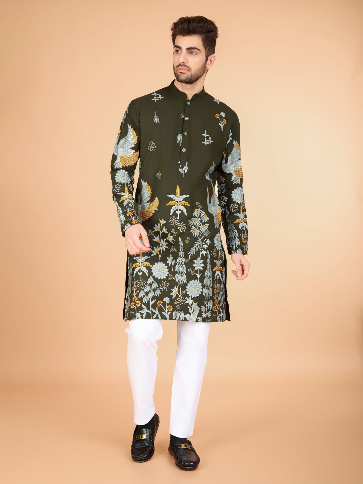 Olive green color viscose rayon men's kurta images
