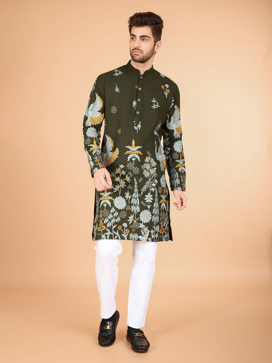Olive green color viscose rayon men's kurta images