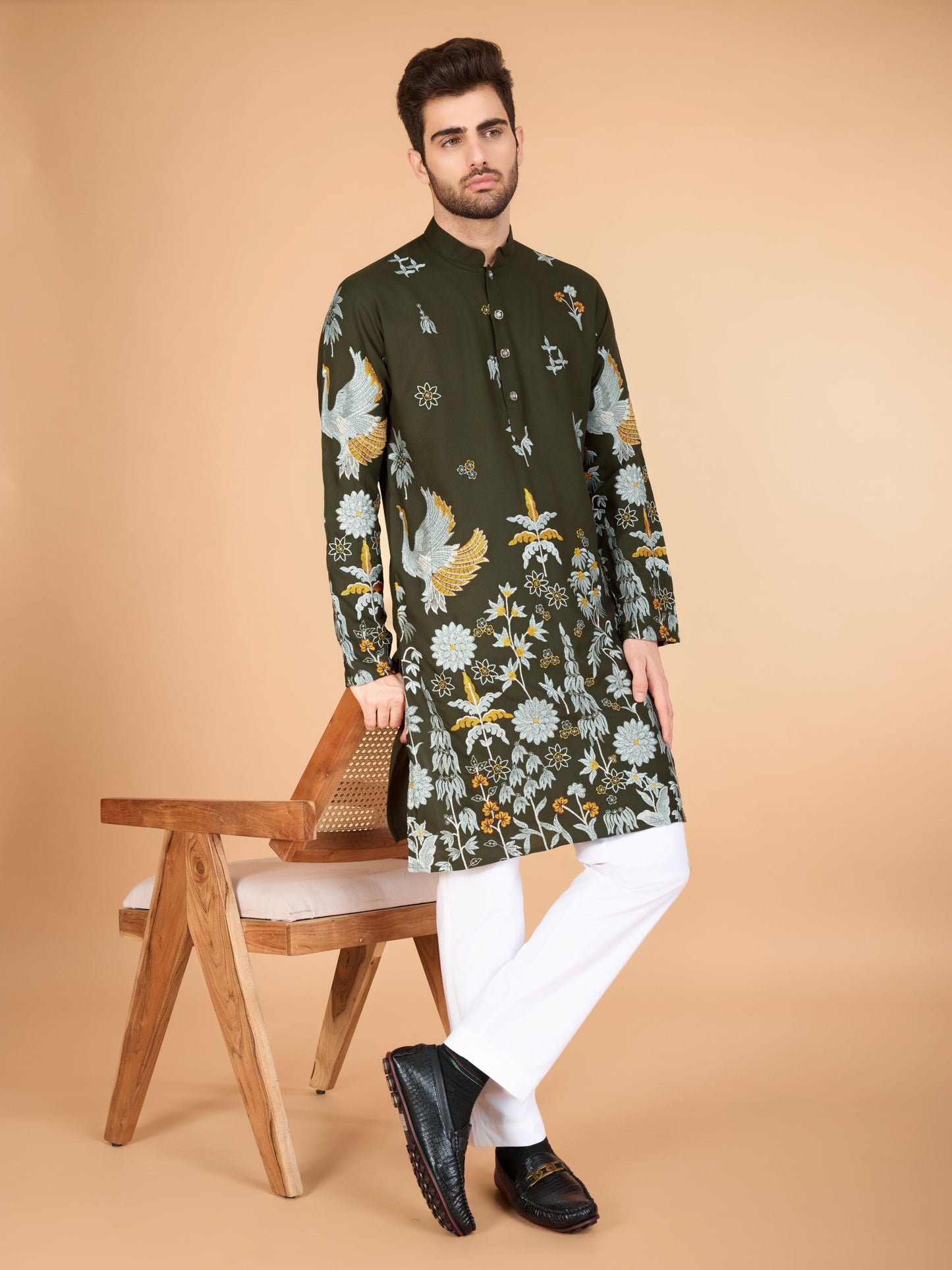 Olive green color viscose rayon men's kurta online shopping