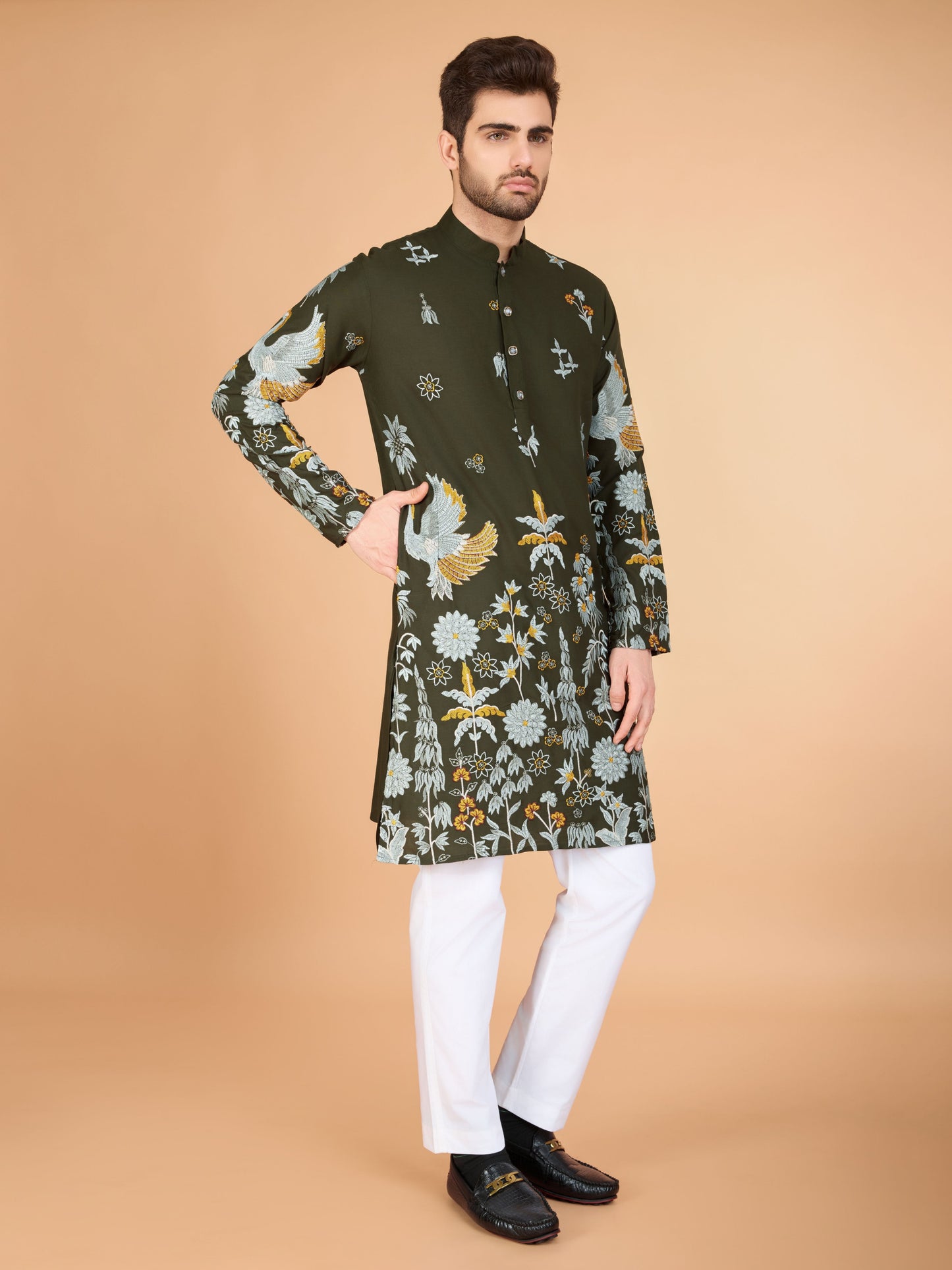 Olive green color viscose rayon men's kurta price