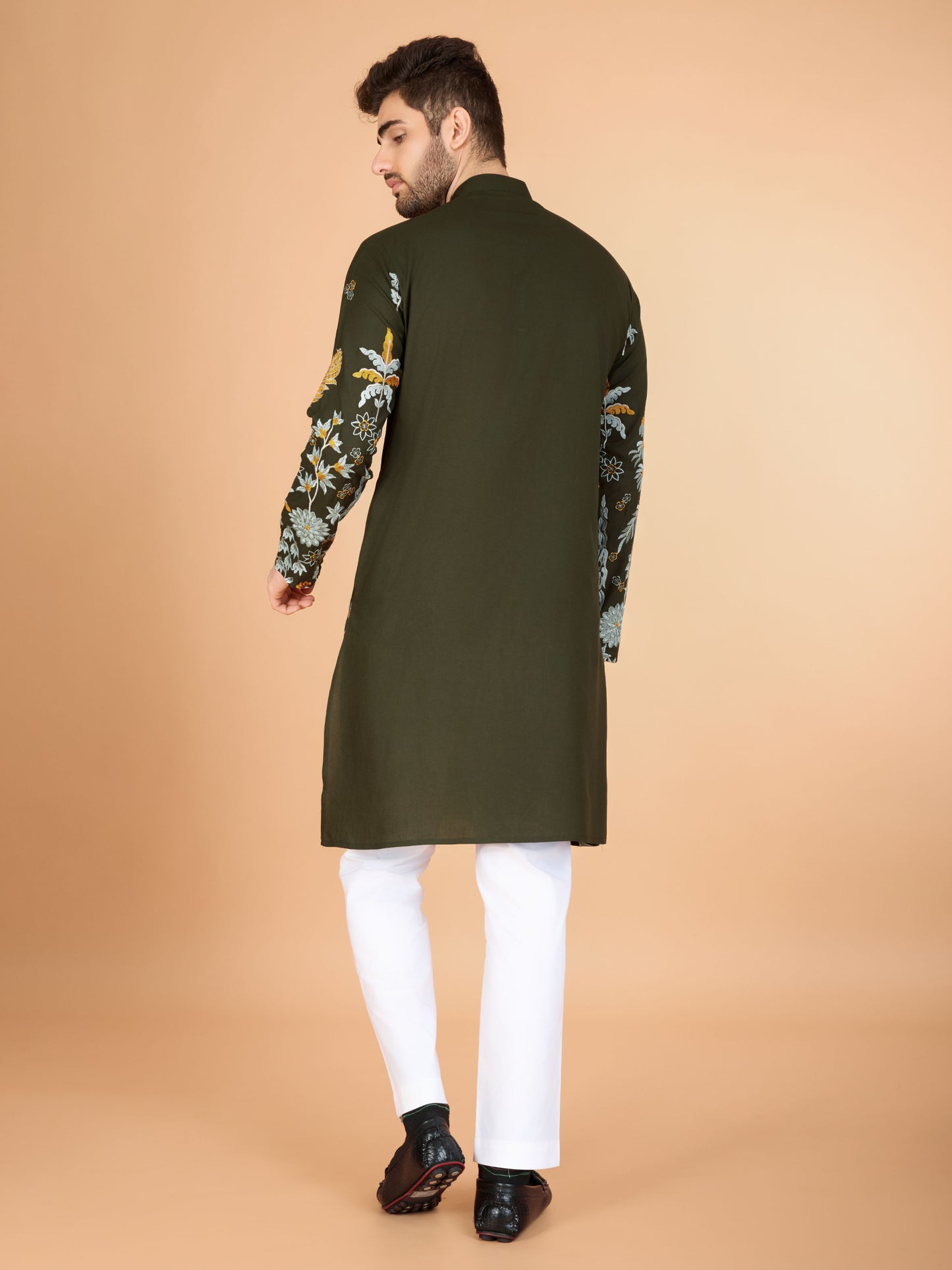 Olive green color viscose rayon men's kurta for wedding