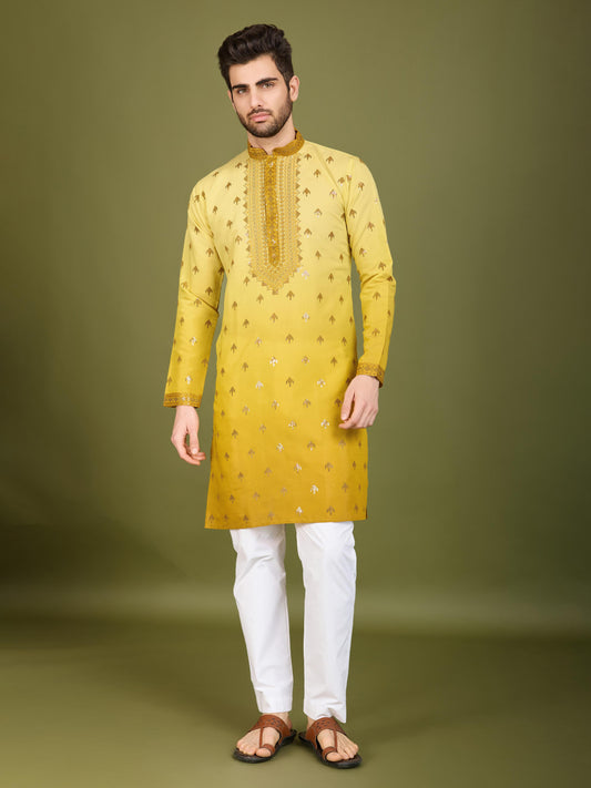 Yellow color viscose silk mens kurta for party