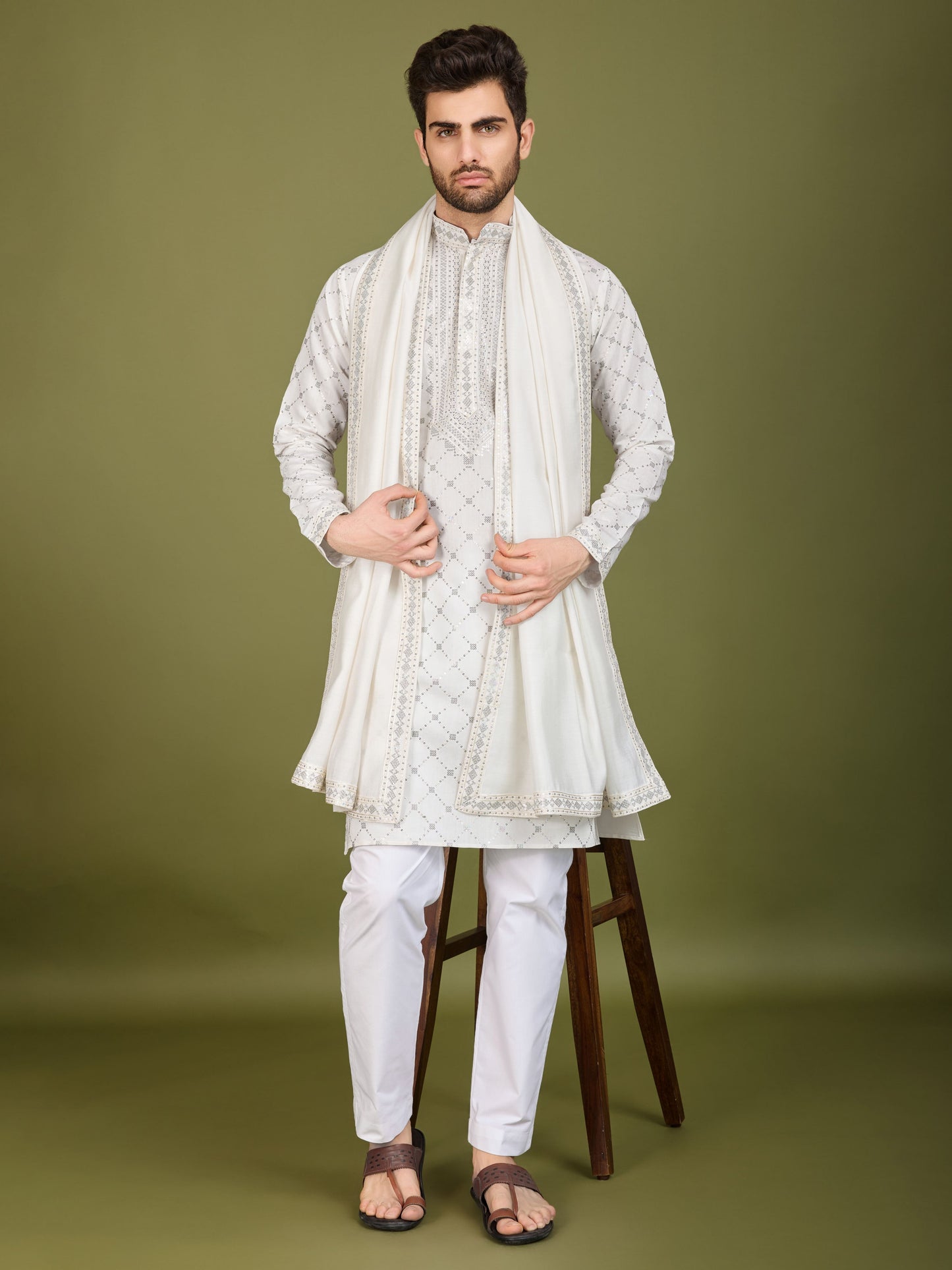 White color viscose silk kurta for mens