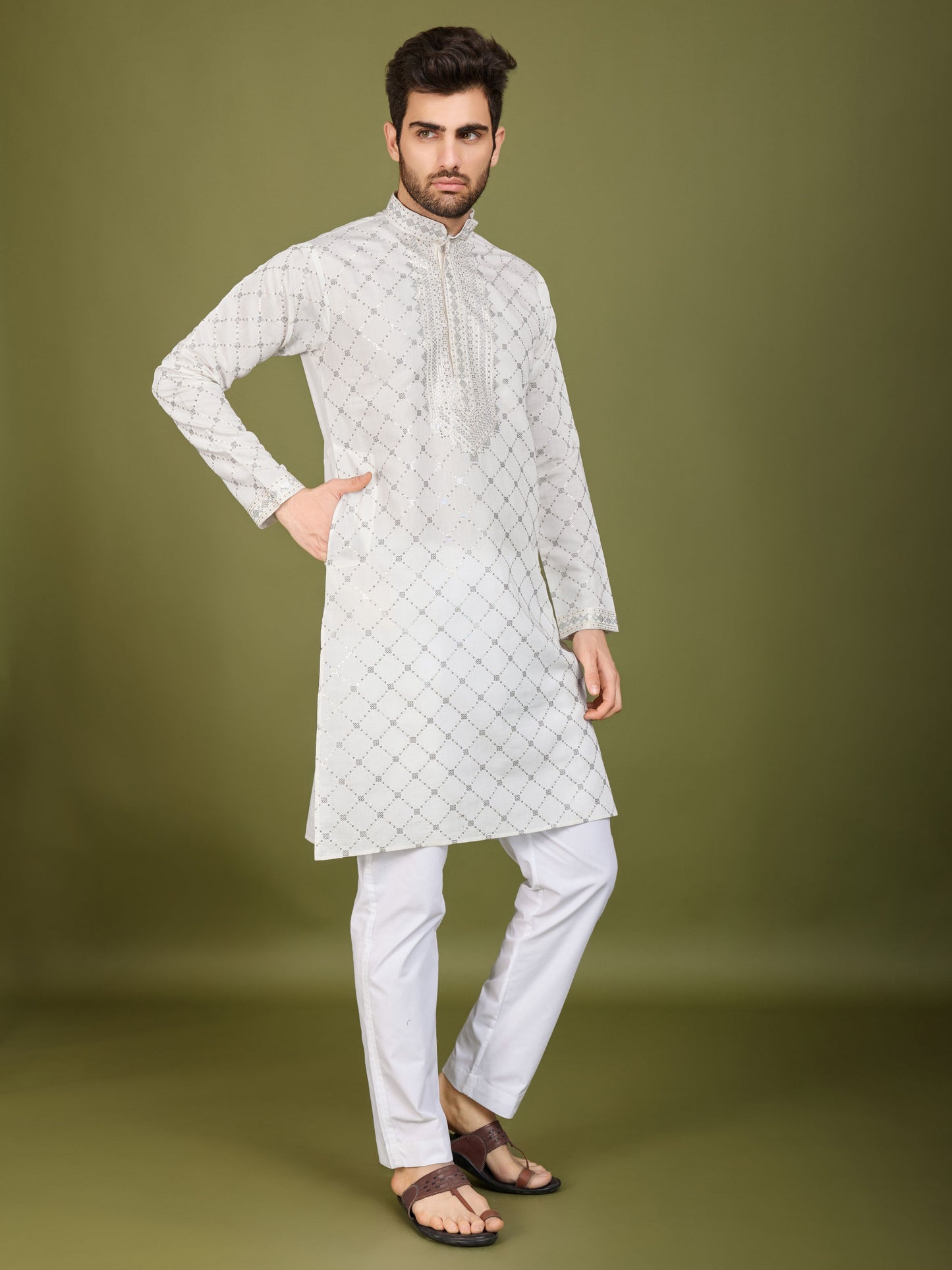 White color viscose silk mens
kurta with dupatta online