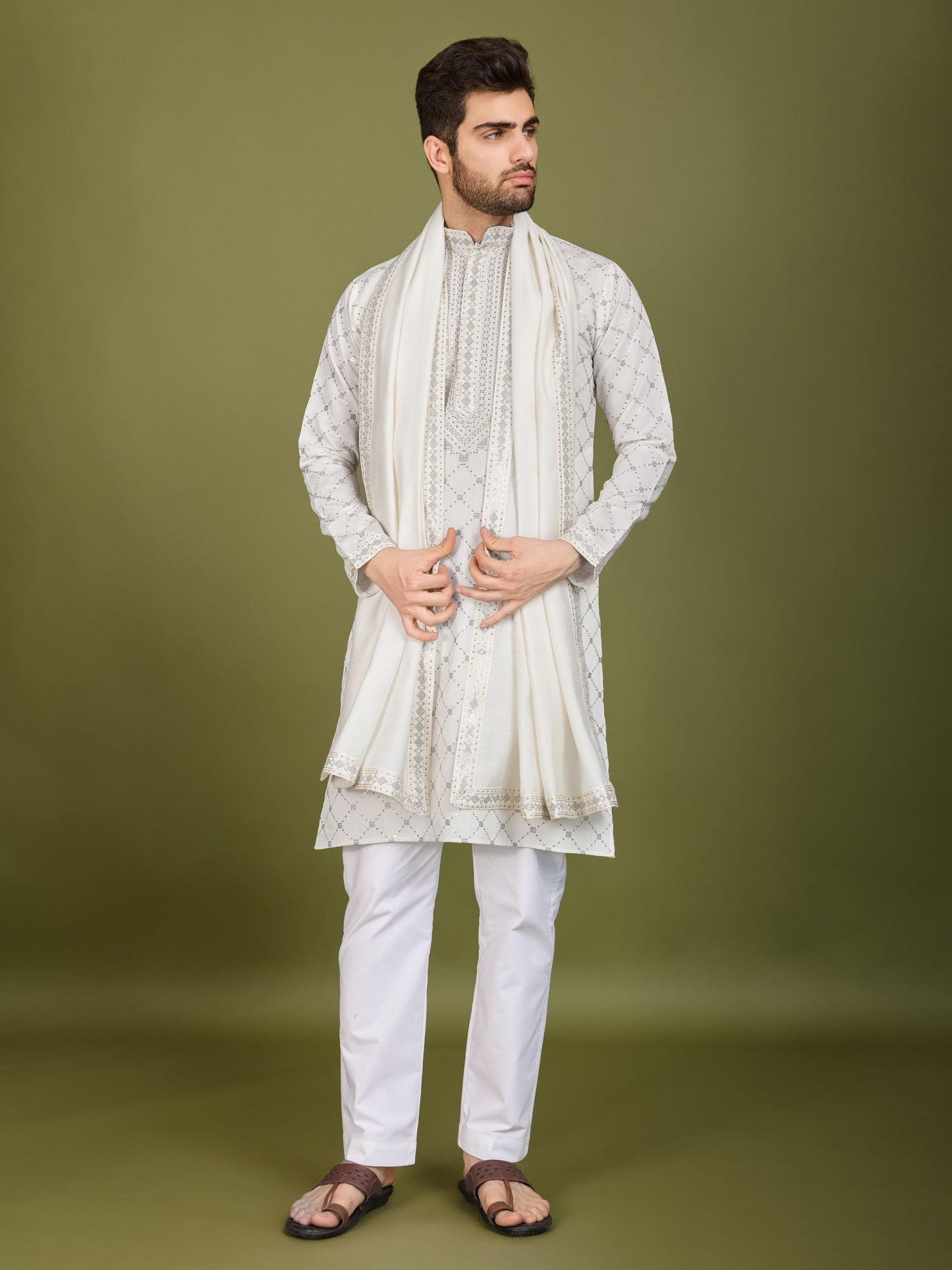White color viscose silk mens
kurta with dupatta price
