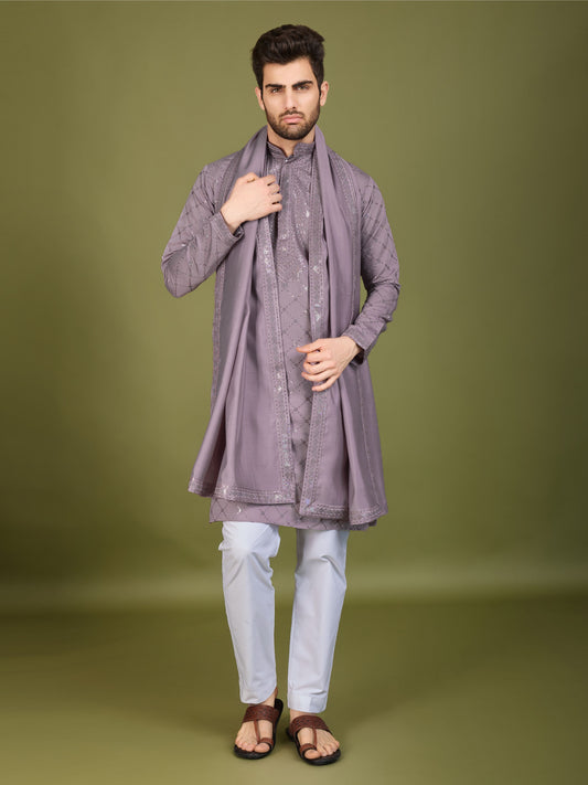 Mauve color viscose silk mens kurta for wedding