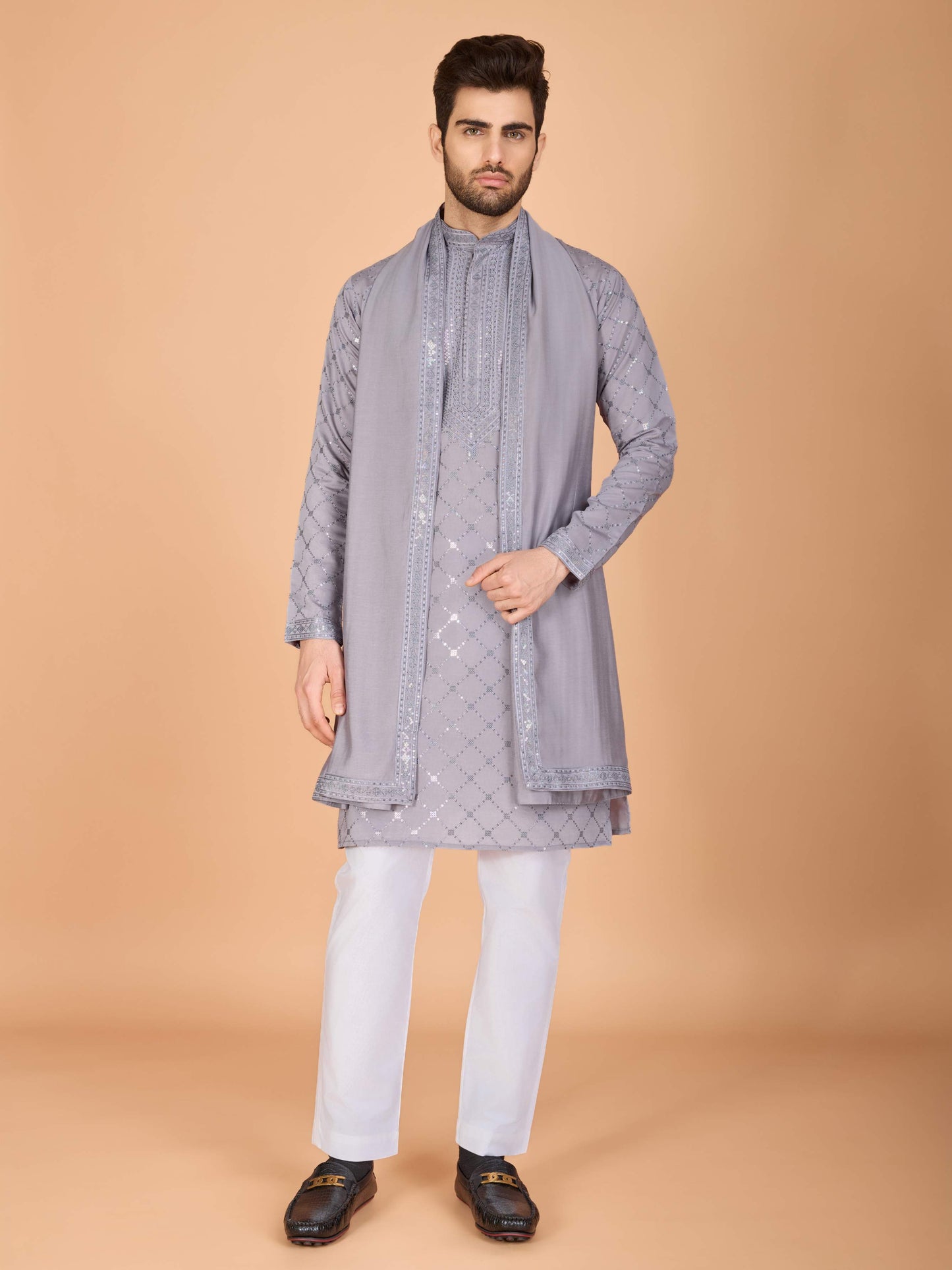 Grey color viscose silk indo western for mens