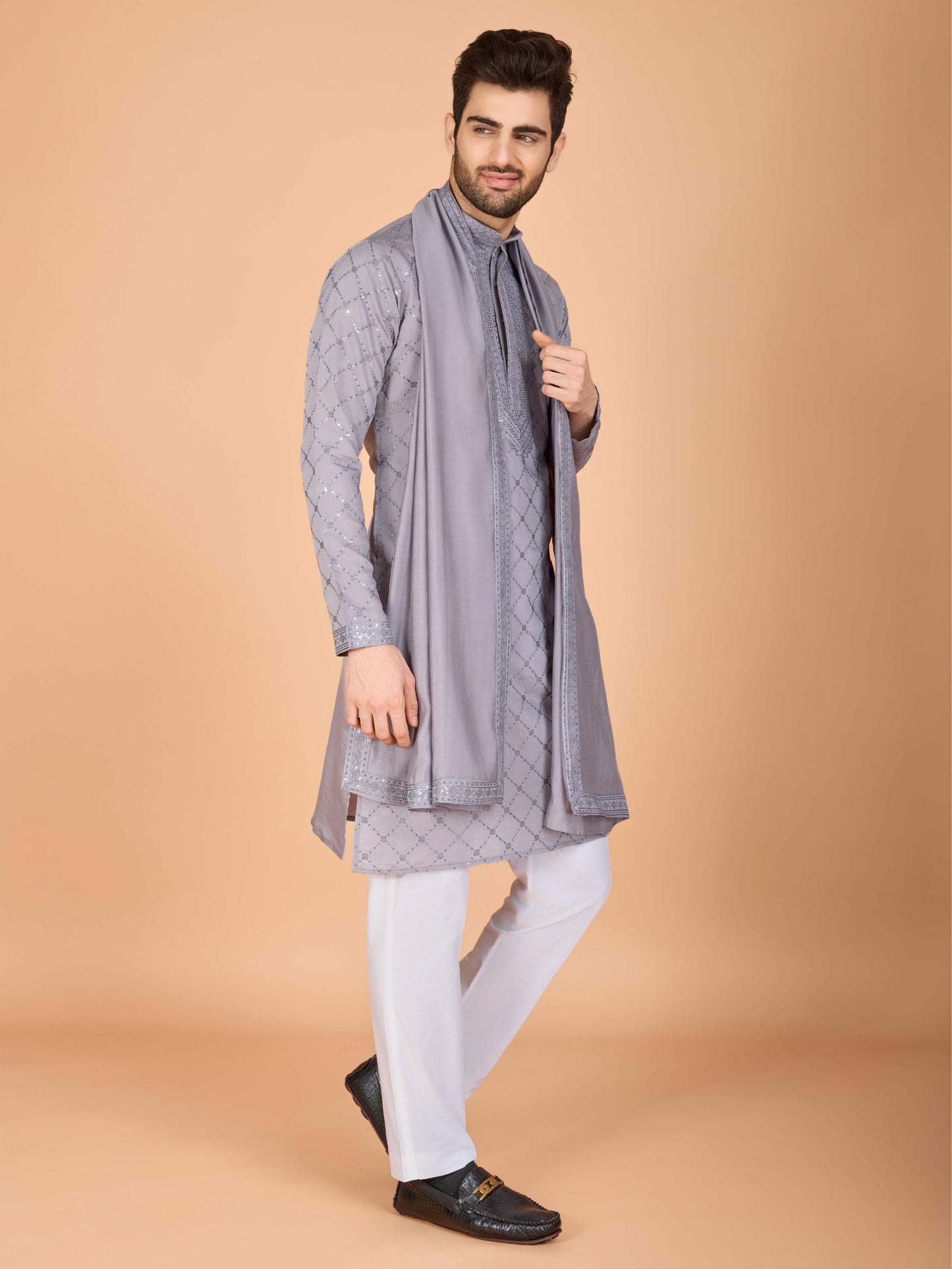 Grey color viscose silk mens indo western price