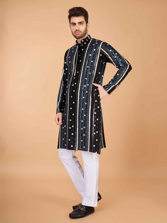 Black color pure viscose rayon men's kurta for wedding