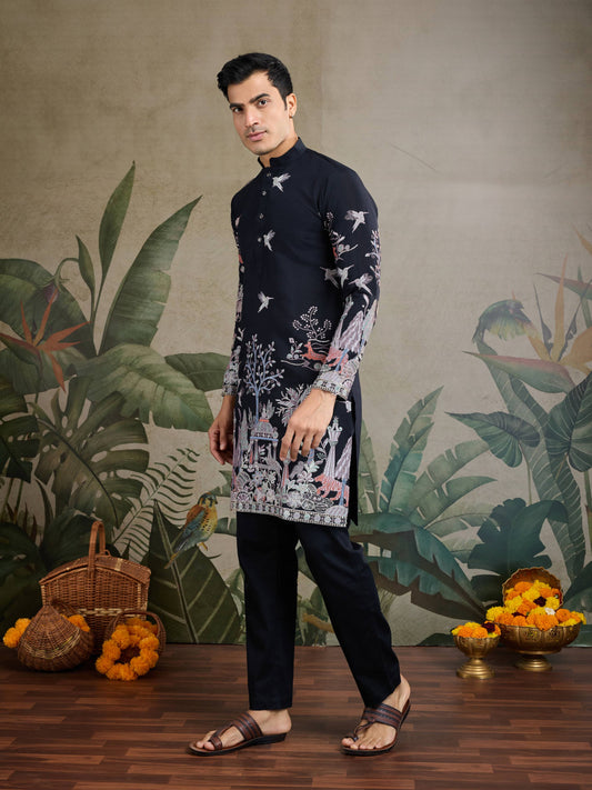Black color viscose silk kurta for mens