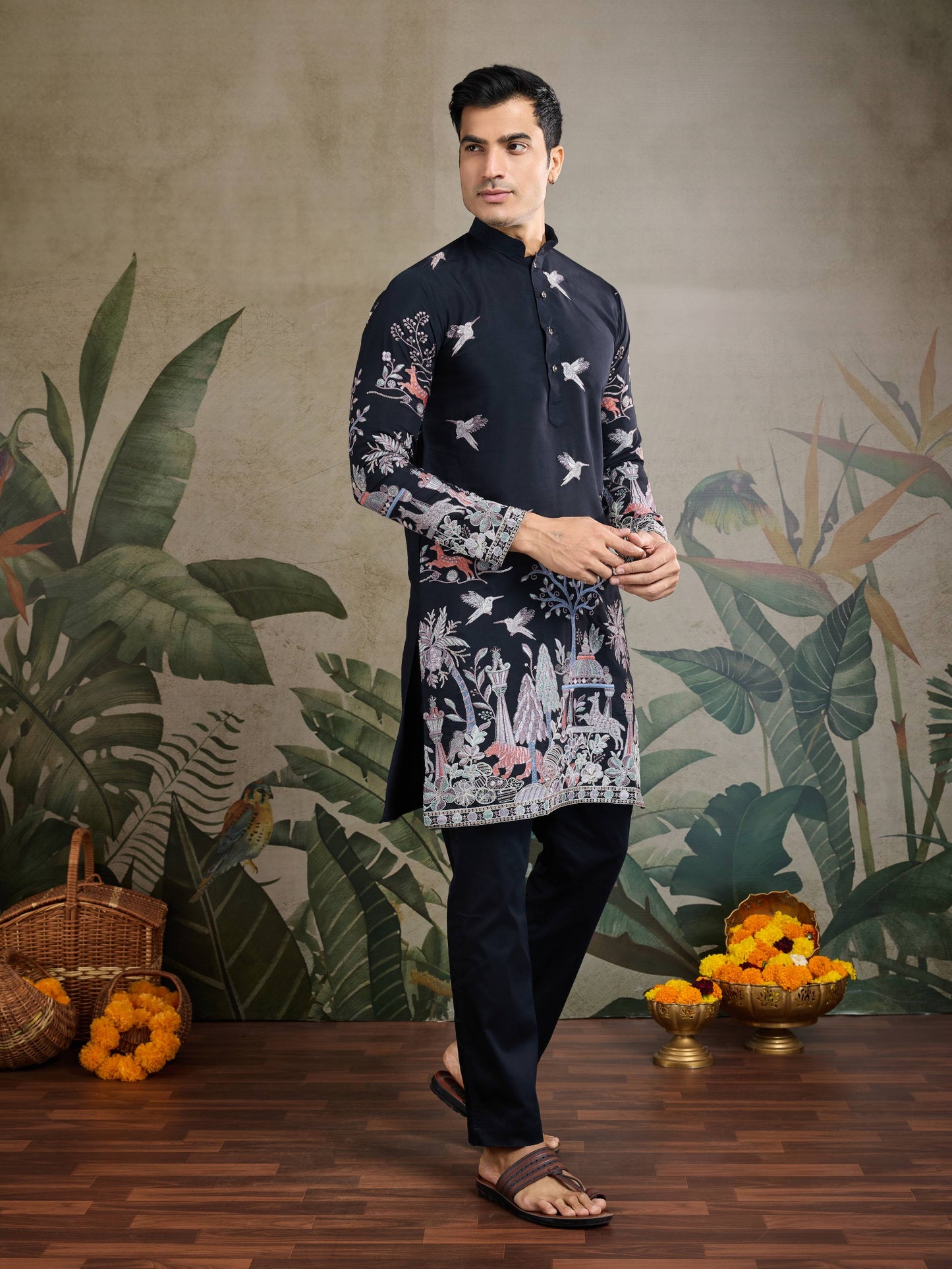 Black color viscose silk mens kurta for wedding