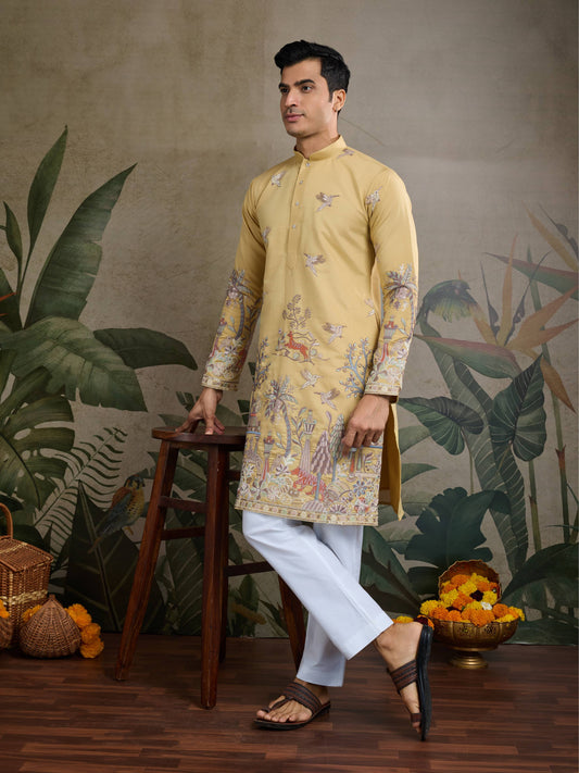 Yellow color viscose silk men kurta for wedding