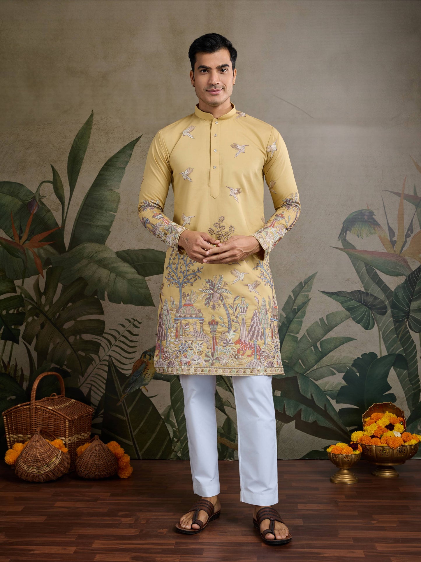 Yellow color viscose silk kurta for men