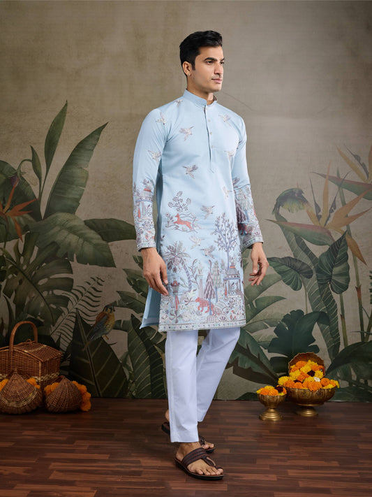 Sky color viscose silk kurta for mens