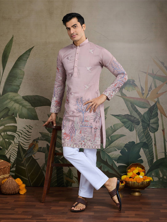 Peach color viscose silk mens kurta for wedding