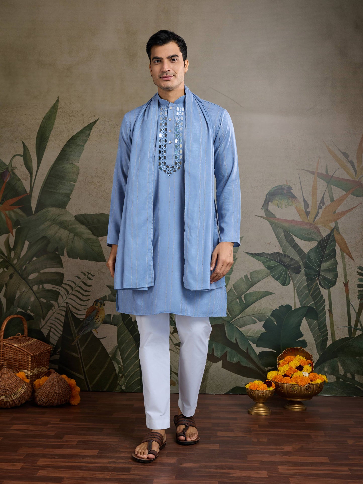 Light blue color viscose silk kurta for wedding