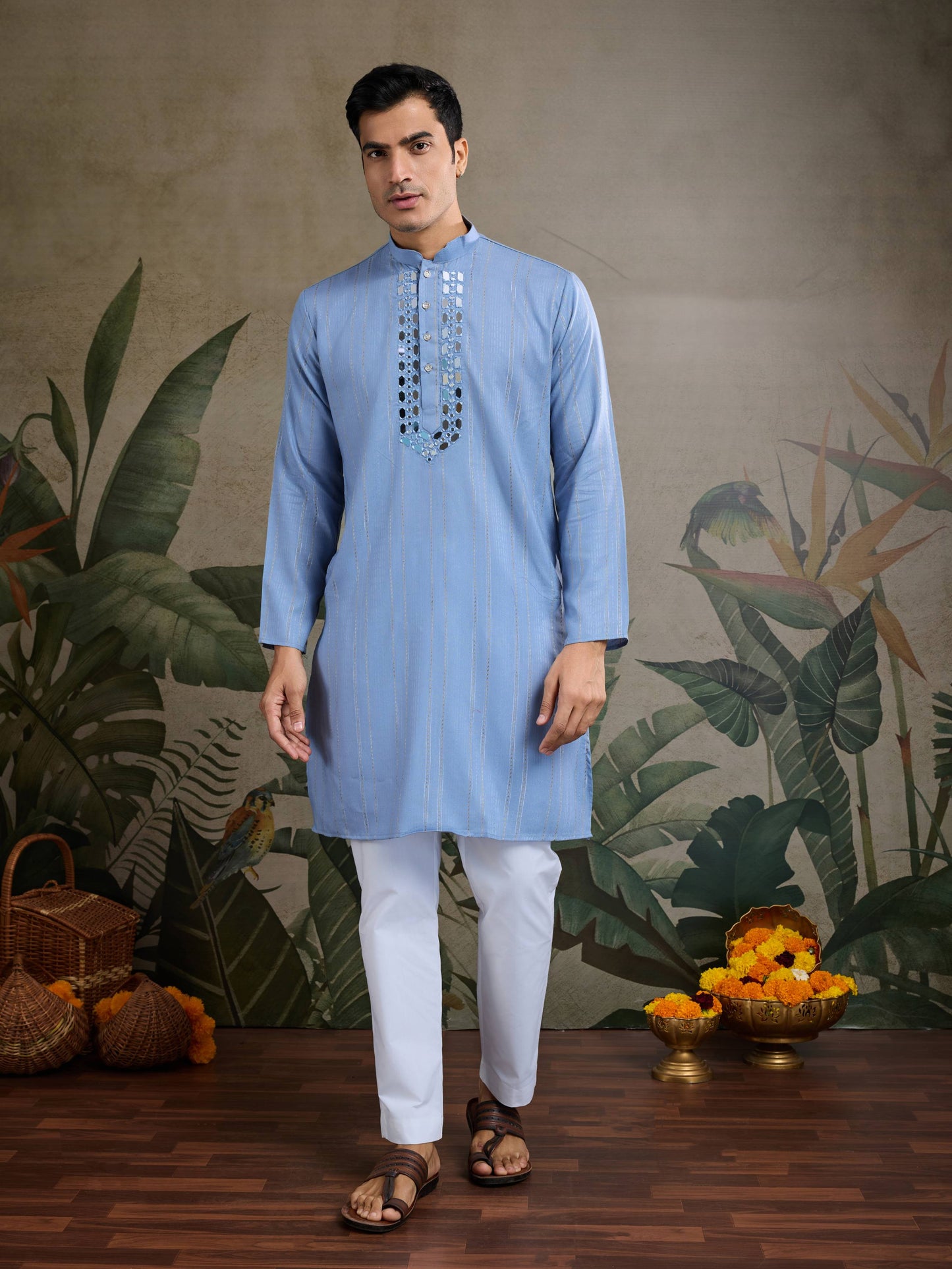 Light blue color viscose silk mens kurta with dupatta