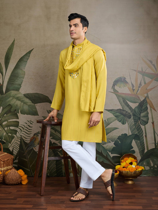 Yellow color viscose silk mens kurta for wedding