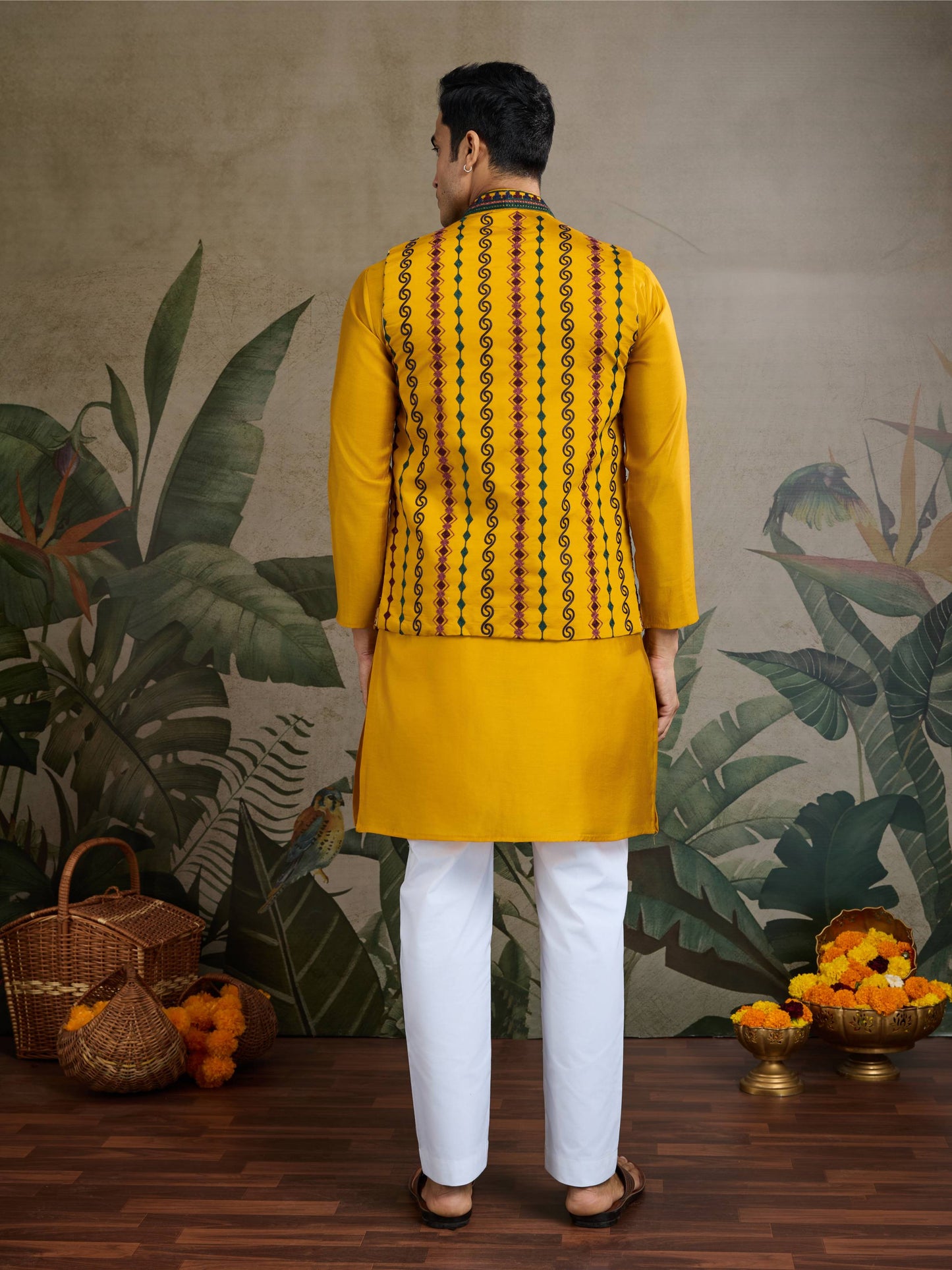 Yellow color viscose silk mens kurta with koti images