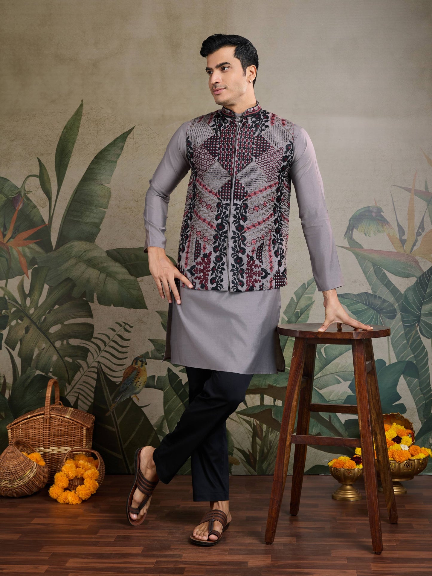 Grey color viscose silk kurta with koti online shopping
