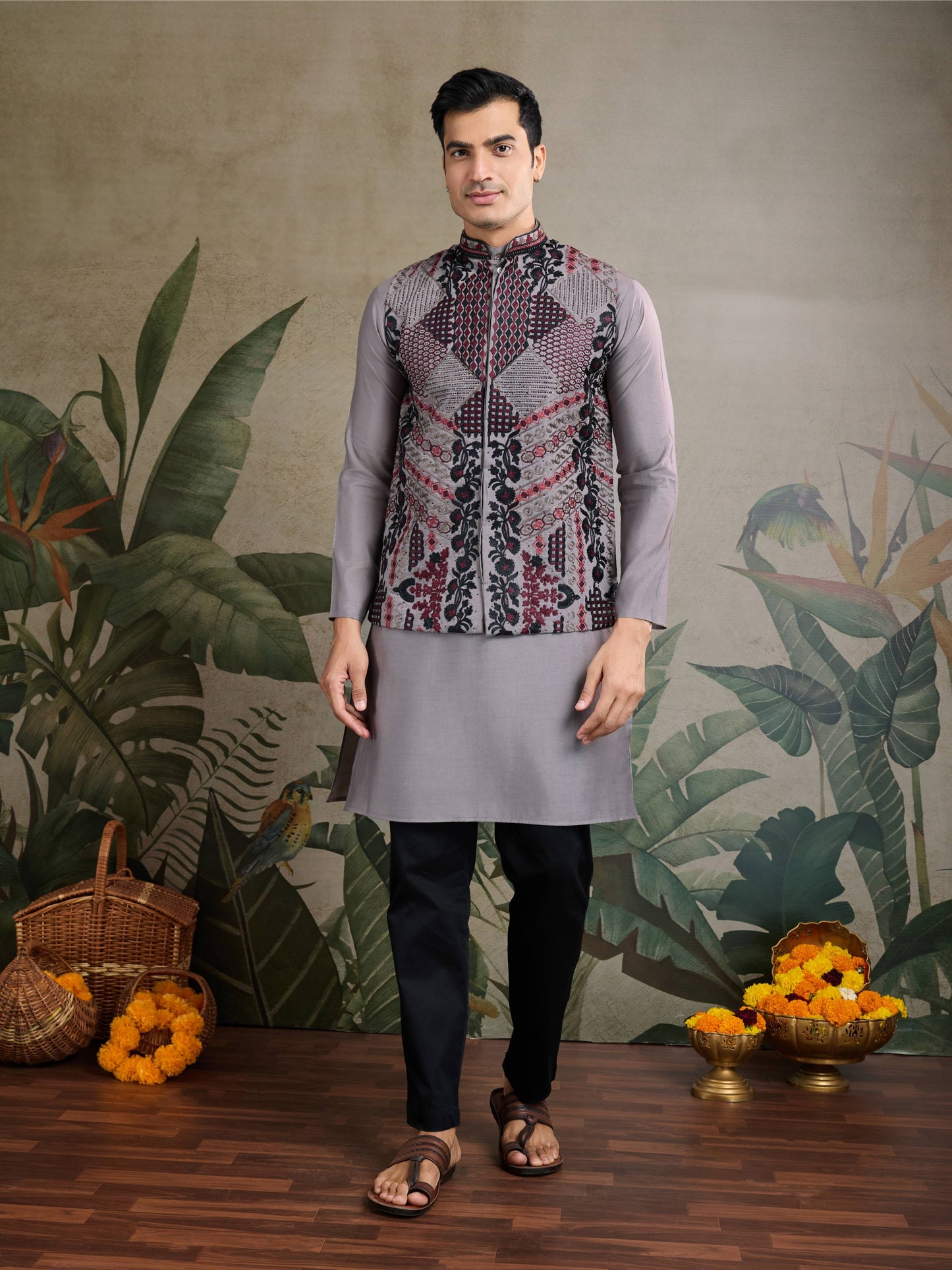 Grey color viscose silk kurta with koti online