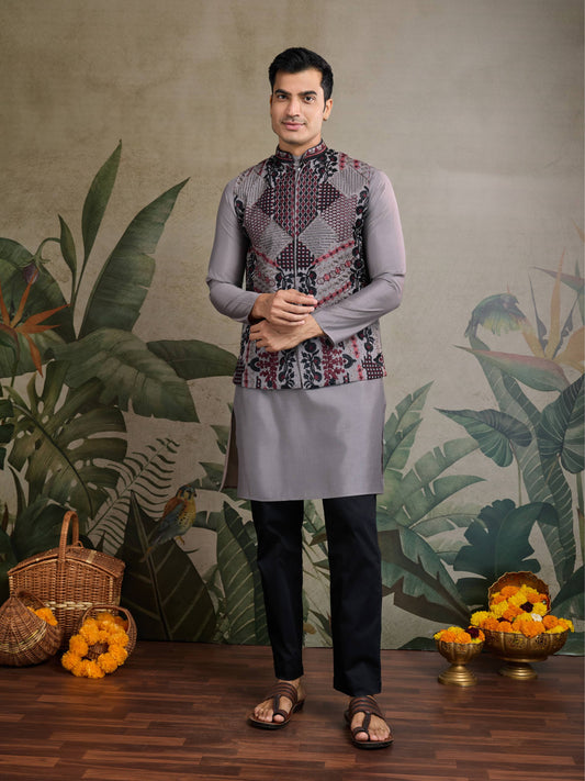 Grey color viscose silk kurta with koti online shopping