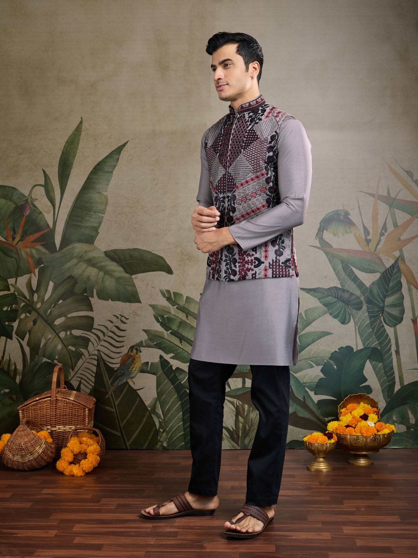 Grey color viscose silk kurta with koti price