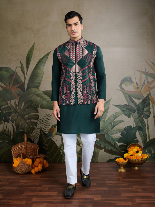 Green color viscose silk kurta with koti online shopping