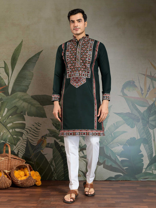 Green color viscose silk mens kurta